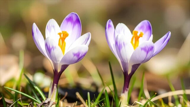 Spring crocus flowers blooming outdoors