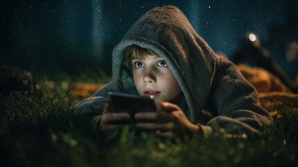 Boy in hoodie lies on grass, illuminated by phone screen.