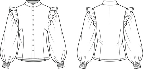 Long sleeve blouse flat sketch, fashion cad illustration, ruffle shoulder top design, vector template, shirt drawing, women’s top pattern