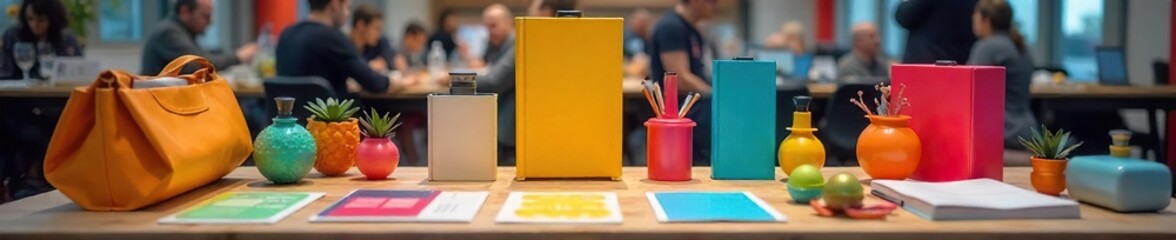 Brightly colored promotional items displayed on a table, ready for a trade show or event  Perfect for marketing and advertising concepts ,  table,  corporate event