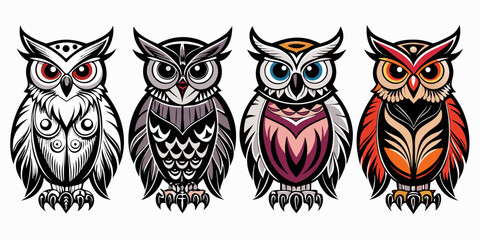Four stylized owls with distinctive feather patterns and bold colors isolated on white background silhouette