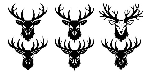 Collection of stylized deer head silhouettes with intricate antlers isolated on white background