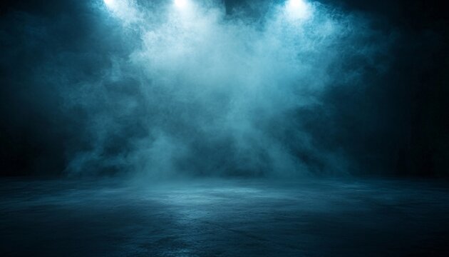 The image shows a dark blue background with smoky texture and three light sources creating a moody atmosphere.