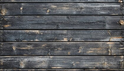 Fototapeta premium The image shows a close-up view of several dark stained wooden planks arranged horizontally, exhibiting various textures and knots.