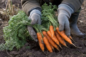 Close-up of gloved hands harvesting freshly pulled carrots with green tops from dark soil