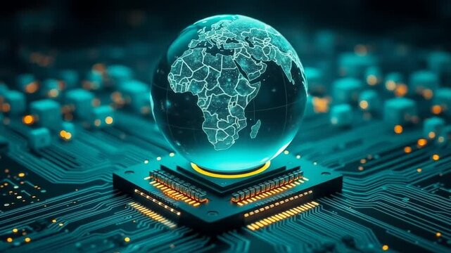 A globe resting on a computer chip with glowing circuit lines underneath. 4k video