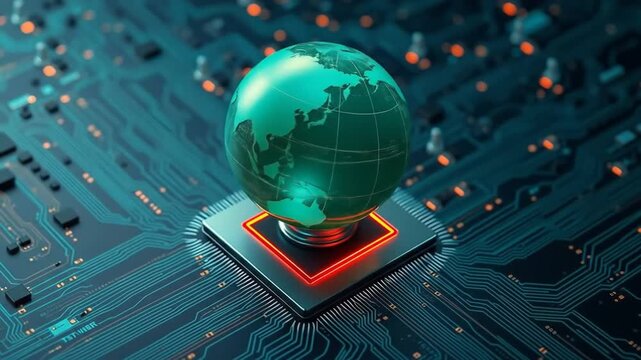A globe resting on a computer chip with glowing circuit lines underneath. 4k video