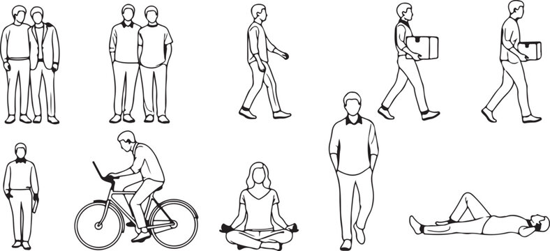 Collection of hand drawn line art figures in various poses and activities