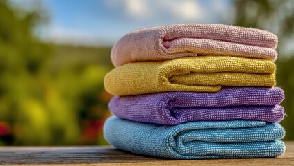 Stack of colorful microfiber cloths resting on a wooden surface, soft focus of out-of-focus greenery and sky in the background