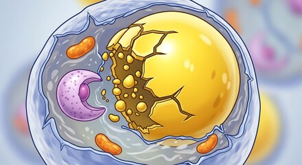 A detailed microscopic illustration of a eukaryotic cell undergoing apoptosis, showing the nucleus and a disintegrating lipid droplet
