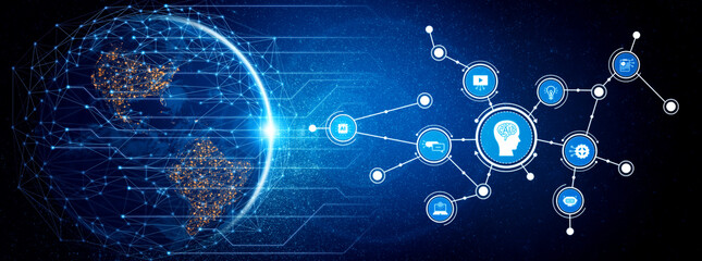 Obraz premium A visually striking image illustrating a global digital network with nodes representing artificial intelligence and communication concepts, set in a futuristic environment. Tessel