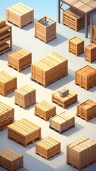 A collection of various wooden crates and pallets arranged on a light-colored surface, showcasing a detailed and stylized design.