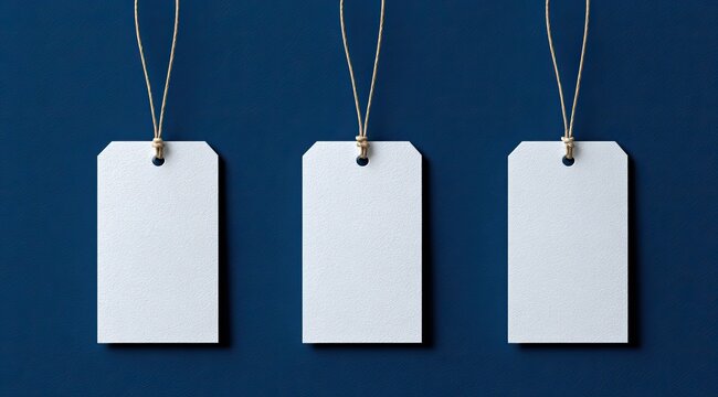 Three blank white price tags, rectangular in shape, hang from tan-colored strings against a deep navy blue background.  Each tag has a small hole at the top for the string
