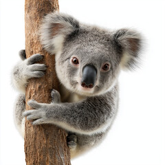 Naklejka premium A cute koala isolated on a white background, showcasing its fluffy fur and iconic round face. 