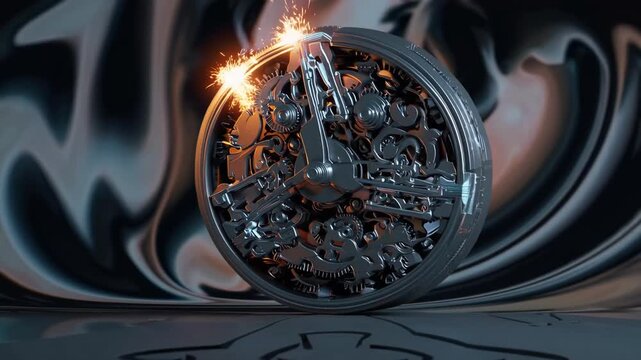 three-dimensional computer-generated representing the conclusion of existence, feelings of ruin, negative emotions, and psychological depiction of timepiece with mechanical components exploding