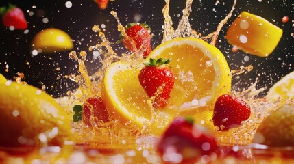 A vibrant splash of orange juice with fresh fruits. The scene captures the burst of flavor and freshness, perfect for a healthy lifestyle and food-related themes