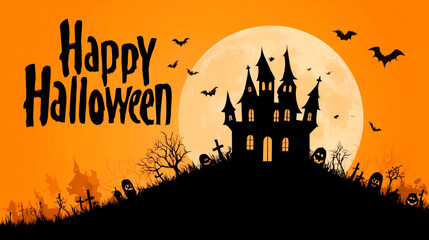 Ilustración de castillo encantado con luna llena y mensaje de Halloween