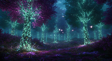 Enchanted forest with glowing trees wrapped in lights and butterflies floating in the air, creating a magical and whimsical atmosphere.