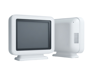 Two white, rectangular, flat-panel displays, angled slightly apart, resembling vintage CRT monitors.  A small, rectangular speaker grille is visible on one unit