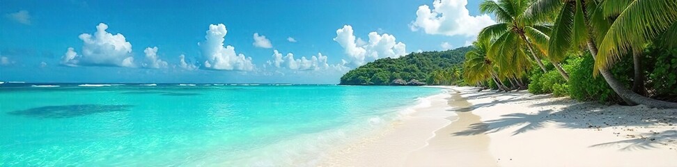 Fototapeta premium Lush green tropical island paradise, vibrant turquoise ocean waves lapping a pristine white sand beach Perfect for travel, vacation, and holiday themes Escape to paradise , nature, coast, paradise