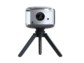 A white spherical camera with a clear dome, mounted on a three-legged tripod.  The camera has a single lens