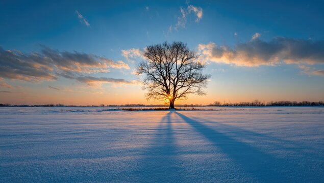 Winter sunset over a snow-covered field, a solitary tree casting a long shadow - Powered by Adobe