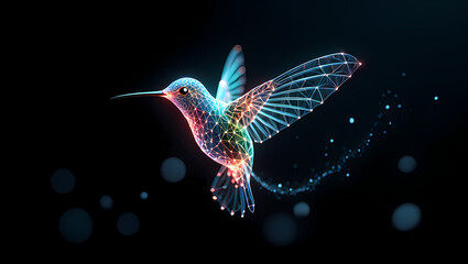A vibrant, abstract hummingbird in flight, its wings spread, rendered in colorful pixels against a dark background, symbolizing motion and beauty