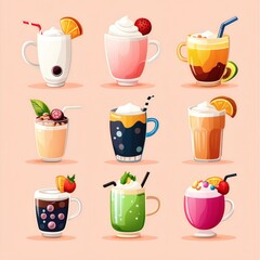 A collection of refreshing drink with a variety of toppings and fruit garnishes
