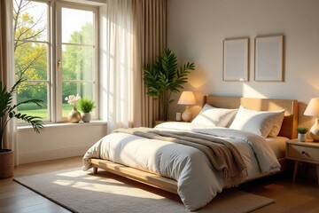 Serene bedroom scene, promoting relaxation and healthy sleep Soft lighting, calming colors, and natural textures create a peaceful atmosphere for optimal well-being , simple, comfort, spa