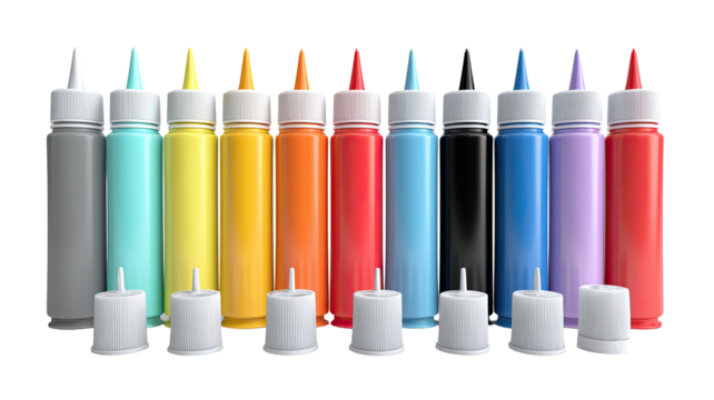 Row of colorful plastic bottles with white caps