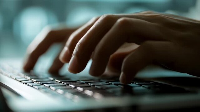 Medium shot of fingers typing a secure ethics intake form on a laptop keyboard with a softfocus background illustrating data privacy.
