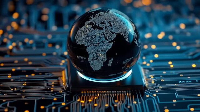 A globe resting on a computer chip with glowing circuit lines underneath. 4k video