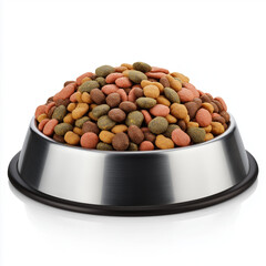 A stylish modern bowl filled with dry dog food, nutritious and crunchy pieces, isolated on white background, healthy pet meal option.