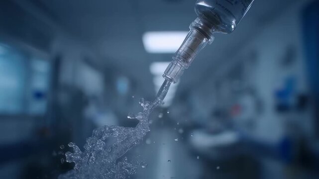 Medium shot capturing synbiotic sachet dissolving in water flush for feeding tube sharp focus on dissolving particles outoffocus hospital environment in background.