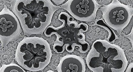 High-resolution scanning electron micrograph of crenated red blood cells, showing the detailed spiky cell membrane of echinocytes