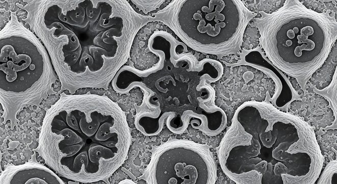 High-resolution scanning electron micrograph of crenated red blood cells, showing the detailed spiky cell membrane of echinocytes