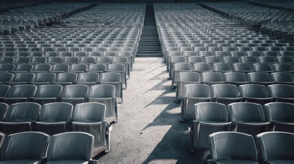 Fototapeta premium Empty grey stadium seats in symmetrical rows, sports arena seating, public event venue, spectator chairs, organized seating, outdoor stadium, event space, crowd seating, stadium architecture, sports 