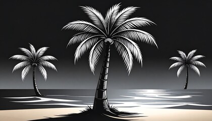 Elegant black and white illustration of tropical palm trees on a tranquil beach scene at night.