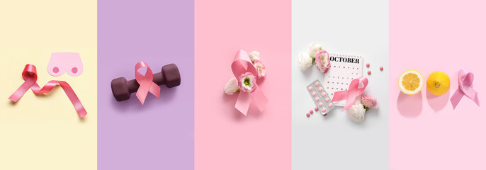 Collage of lemon with dumbbell, calendar, pills and pink ribbons on color background. Breast cancer awareness concept