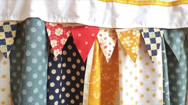 Bunting fabric patchwork in colorful patterns draped over table  