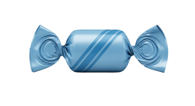 Isolated light blue candy wrapped in shiny cellophane with a striped pattern design