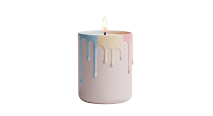 Isolated drip candle with a lit flame and melted wax in soft pastel colors