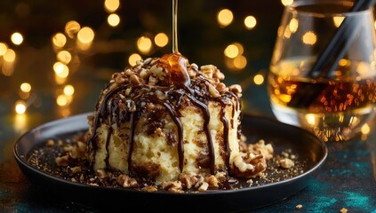 Chocolate-walnut dessert, honey drizzle