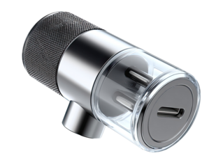 Close-up of a modern, metallic,  angled electrical connector.  Clear plastic cover over the ports.  Textured  metal casing