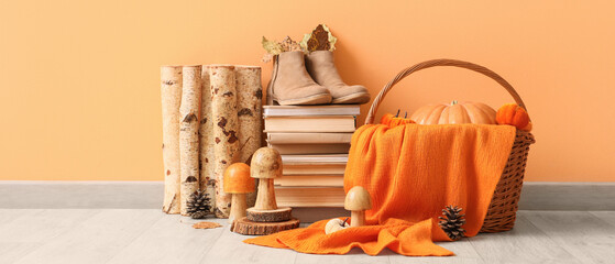 Books, autumn mushrooms, firewood and boots near orange wall