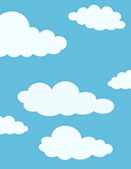 Simple, stylized clouds float against a vibrant, light-blue sky, creating a cheerful and serene visual.
