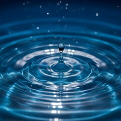Macro Water Drop Ripples on Blue Surface with Bokeh Light Reflections

