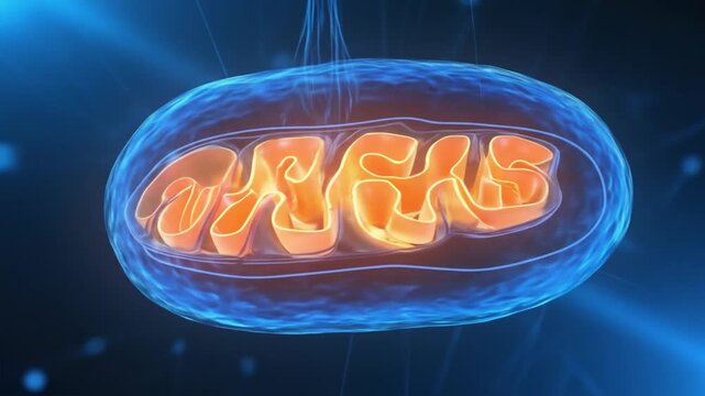 Detailed illustration of a mitochondrion with glowing orange structures against a blue background, symbolizing energy production in cells