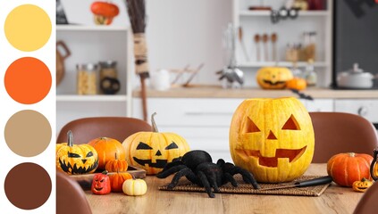 Obraz premium Halloween pumpkins with toy spider on dining table in kitchen. Different color patterns