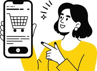 Illustration of a happy woman is showing a smartphone with a shopping cart icon, promoting online shopping and ecommerce, encouraging customers to make purchases isolated on white background